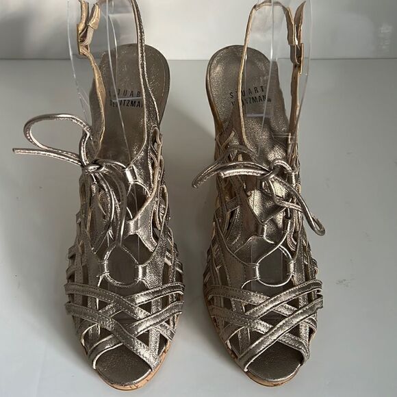 Stuart Weitzman Metallic Leather Wedge Cork Heel Lace Up Sandals Size 38 - Picture 3 of 15